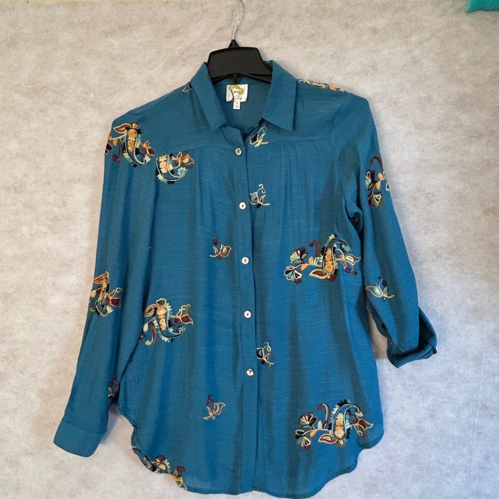 Fig and Flower Womens‎ Teal Blue Embroidered Floral Paisley Button Down Shirt S